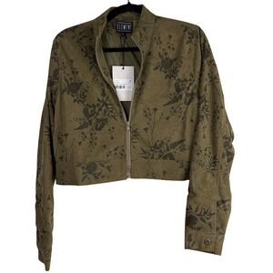 Element Botanical Floral Olive Corduroy Zip Cropped Jacket F241647 Medium NWT